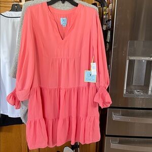 Cece Women’s Tiered A-Line Dress Shell Pink Balloon Sleeve Smocked Cuffs New